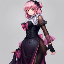 A realistic depiction of a sexy gothic anime maid/slave girl with a flustered subtle smile and a rosy blush adorning her cheeks