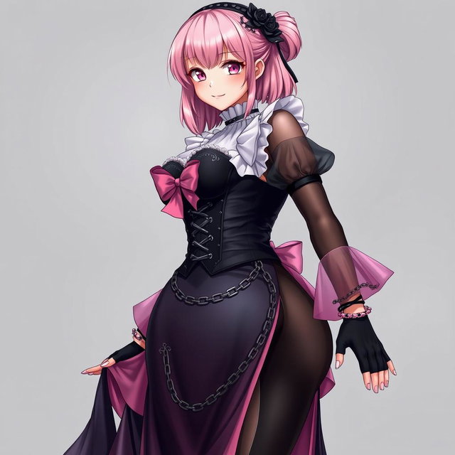 A realistic depiction of a sexy gothic anime maid/slave girl with a flustered subtle smile and a rosy blush adorning her cheeks