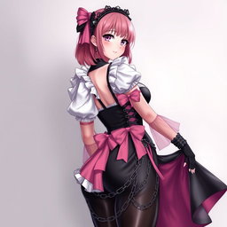 A realistic depiction of a sexy gothic anime maid/slave girl with a flustered subtle smile and a rosy blush adorning her cheeks