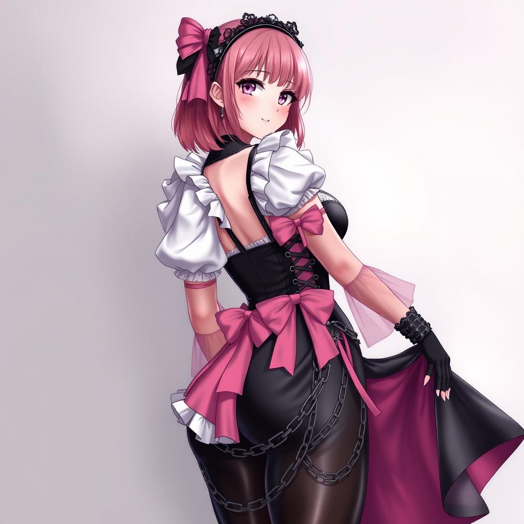 A realistic depiction of a sexy gothic anime maid/slave girl with a flustered subtle smile and a rosy blush adorning her cheeks