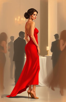 A minimalist painting of a woman in a striking red dress at an elegant party