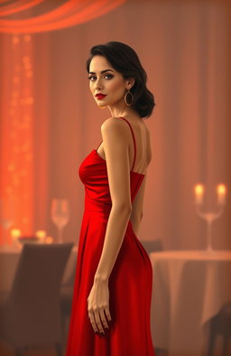 A minimalist painting of a woman in a striking red dress at an elegant party