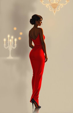 A minimalist painting of a woman in a striking red dress at an elegant party