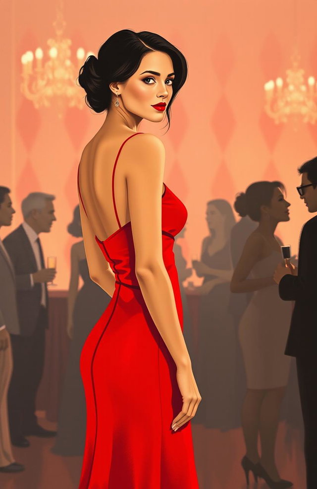 A minimalist painting of a woman in a striking red dress at an elegant party