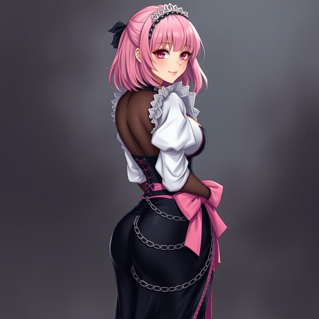 A realistic portrayal of a sexy gothic anime maid/slave girl, featuring a flustered subtle smile with a rosy blush on her cheeks