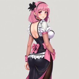 A realistic portrayal of a sexy gothic anime maid/slave girl, featuring a flustered subtle smile with a rosy blush on her cheeks