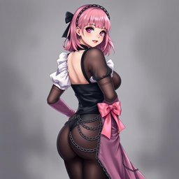 A realistic portrayal of a sexy gothic anime maid/slave girl, featuring a flustered subtle smile with a rosy blush on her cheeks