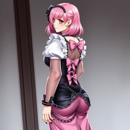 A realistic portrayal of a sexy gothic anime maid/slave girl, featuring a flustered subtle smile with a rosy blush on her cheeks