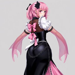 A realistic portrayal of a sexy gothic anime maid/slave girl with a flustered, subtle smile and a delicate blush on her cheeks