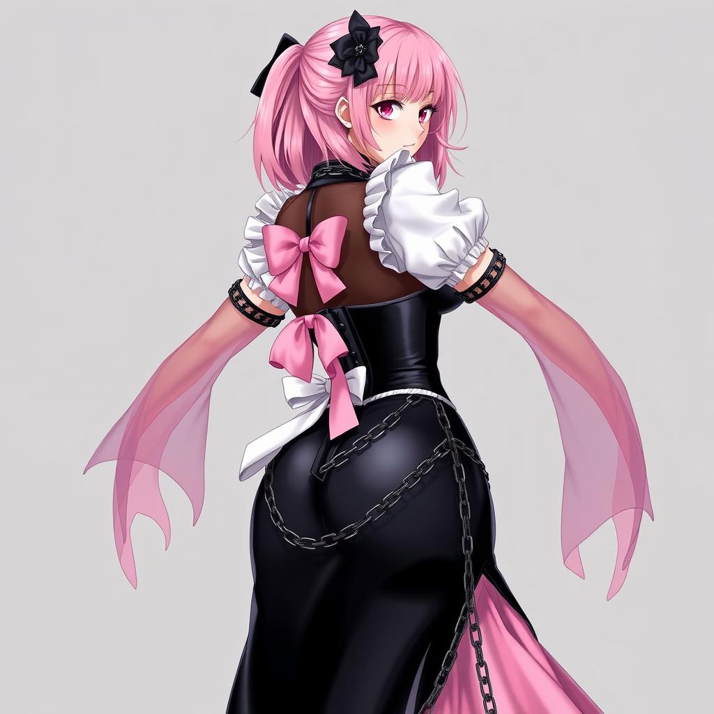 A realistic portrayal of a sexy gothic anime maid/slave girl with a flustered, subtle smile and a delicate blush on her cheeks