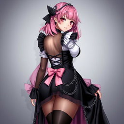 A realistic portrayal of a sexy gothic anime maid/slave girl with a flustered, subtle smile and a delicate blush on her cheeks