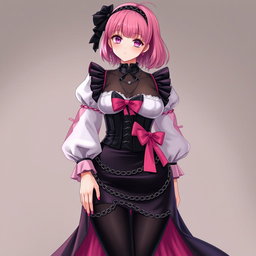 A realistic portrayal of a sexy gothic anime maid/slave girl with a flustered, subtle smile and a delicate blush on her cheeks