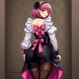 A realistic portrayal of a sexy gothic anime maid/slave girl with a flustered, subtle smile and a delicate blush on her cheeks