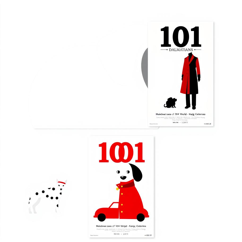 A series of 4 posters inspired by the animated film '101 Dalmatians', designed to vividly and succinctly convey the essence of the story through minimalist visual imagery without featuring images of dogs
