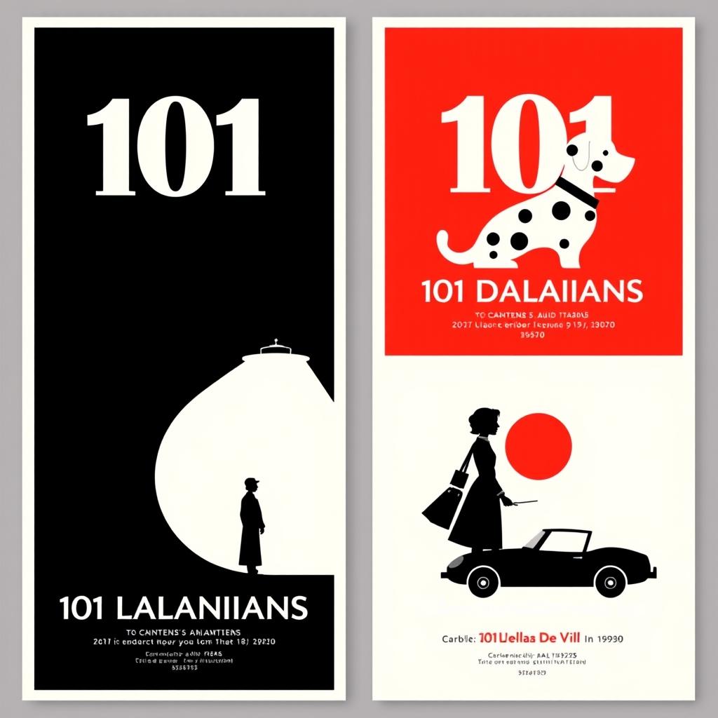 A series of 4 posters inspired by the animated film '101 Dalmatians', crafted to vividly and succinctly convey the essence of the story through minimalist visual imagery that excludes any images of dogs