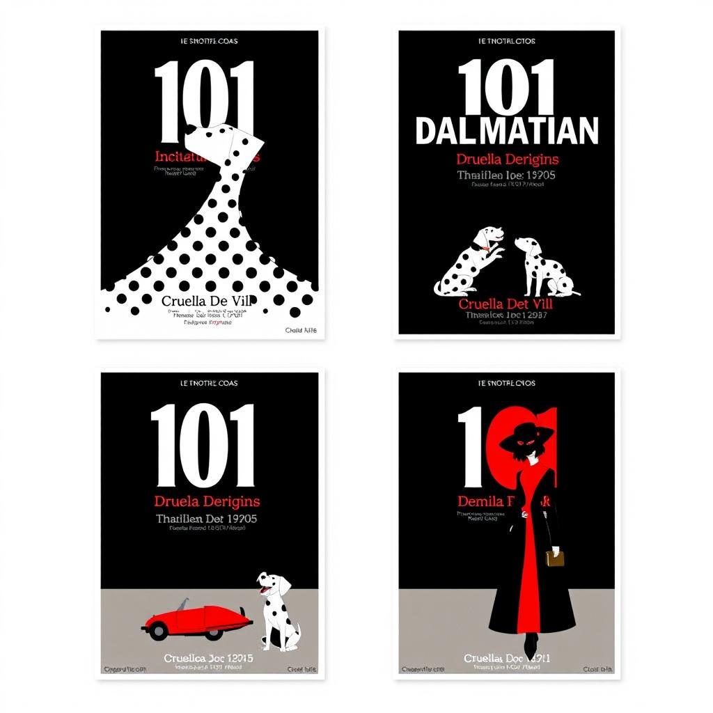 A series of 4 posters inspired by the animated film '101 Dalmatians', crafted to vividly and succinctly convey the essence of the story through minimalist visual elements, avoiding any images of dogs