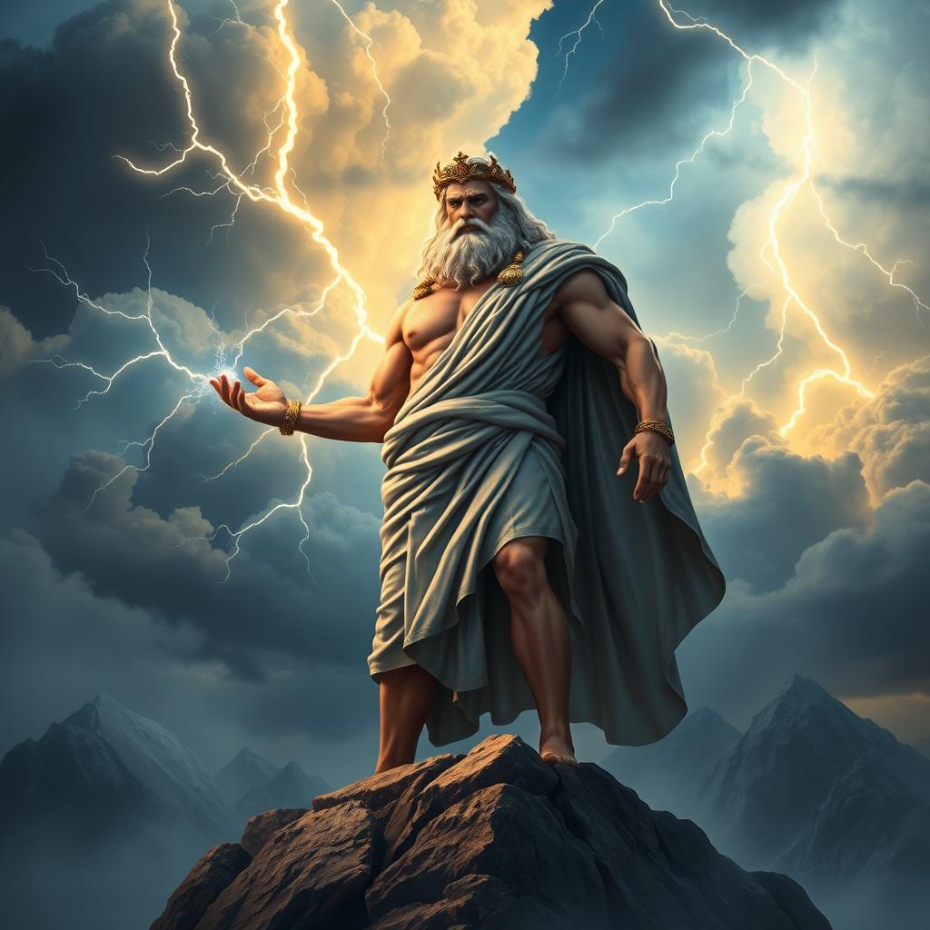 A majestic scene depicting Zeus, the king of the Greek gods, standing on a high mountain peak