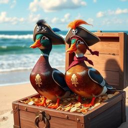 Two hyperrealistic Indian running ducks, vibrant plumage with a glossy sheen, standing proudly in an open treasure chest overflowing with glittering gold coins, sparkling jewels, and shimmering treasures