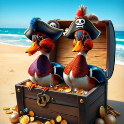 Two hyperrealistic Indian running ducks, vibrant plumage with a glossy sheen, standing proudly in an open treasure chest overflowing with glittering gold coins, sparkling jewels, and shimmering treasures
