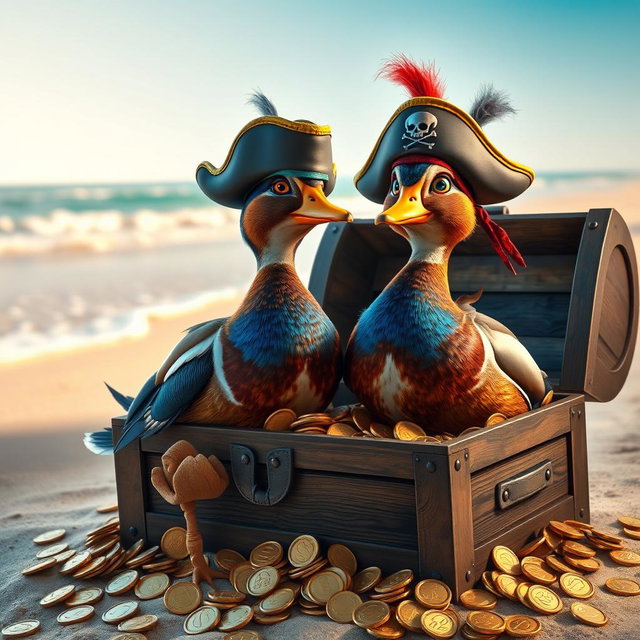 Two hyperrealistic Indian running ducks, vibrant plumage with a glossy sheen, standing proudly in an open treasure chest overflowing with glittering gold coins, sparkling jewels, and shimmering treasures