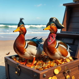 Two hyperrealistic Indian running ducks, vibrant plumage with a glossy sheen, standing proudly in an open treasure chest overflowing with glittering gold coins, sparkling jewels, and shimmering treasures