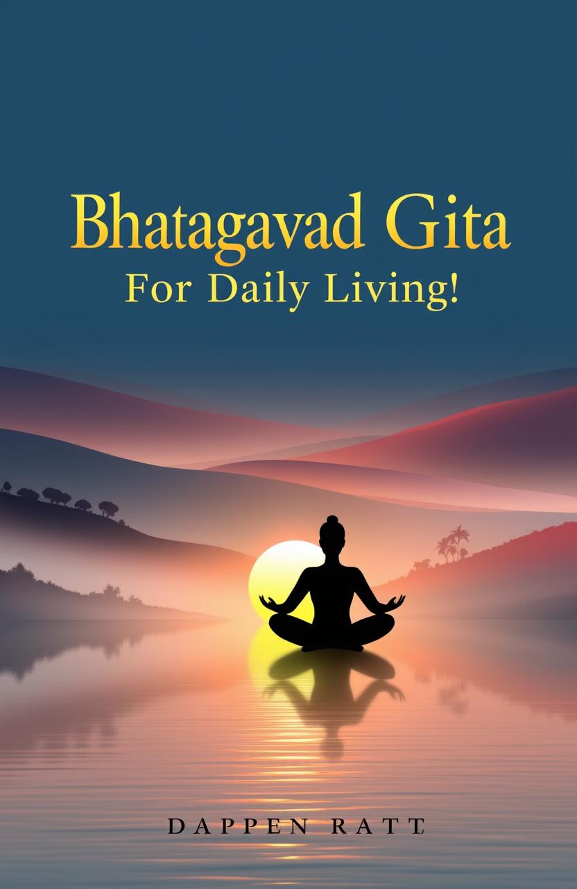 A captivating book cover design for 'Bhagavad Gita For Daily Living!', featuring a serene landscape with a sunrise over a calm river, symbolizing peace and enlightenment