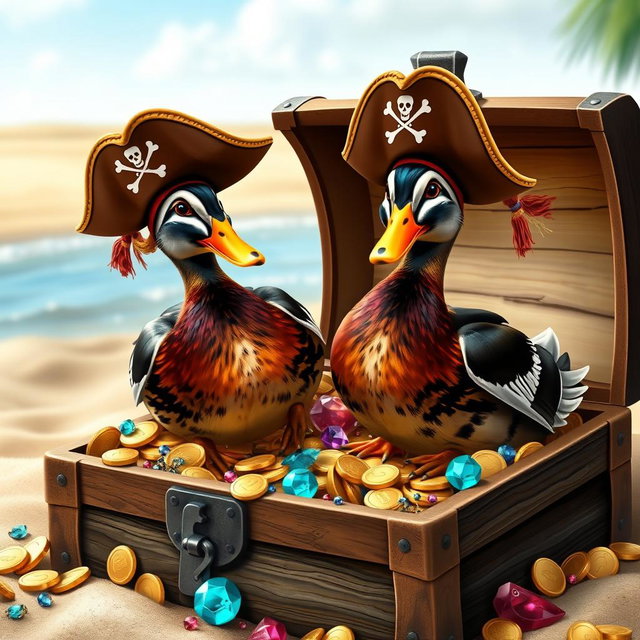 Two realistic Indian running ducks, each wearing playful pirate hats with skull and crossbones, standing proudly in an open treasure chest overflowing with gold coins, glittering jewels, and colorful trinkets