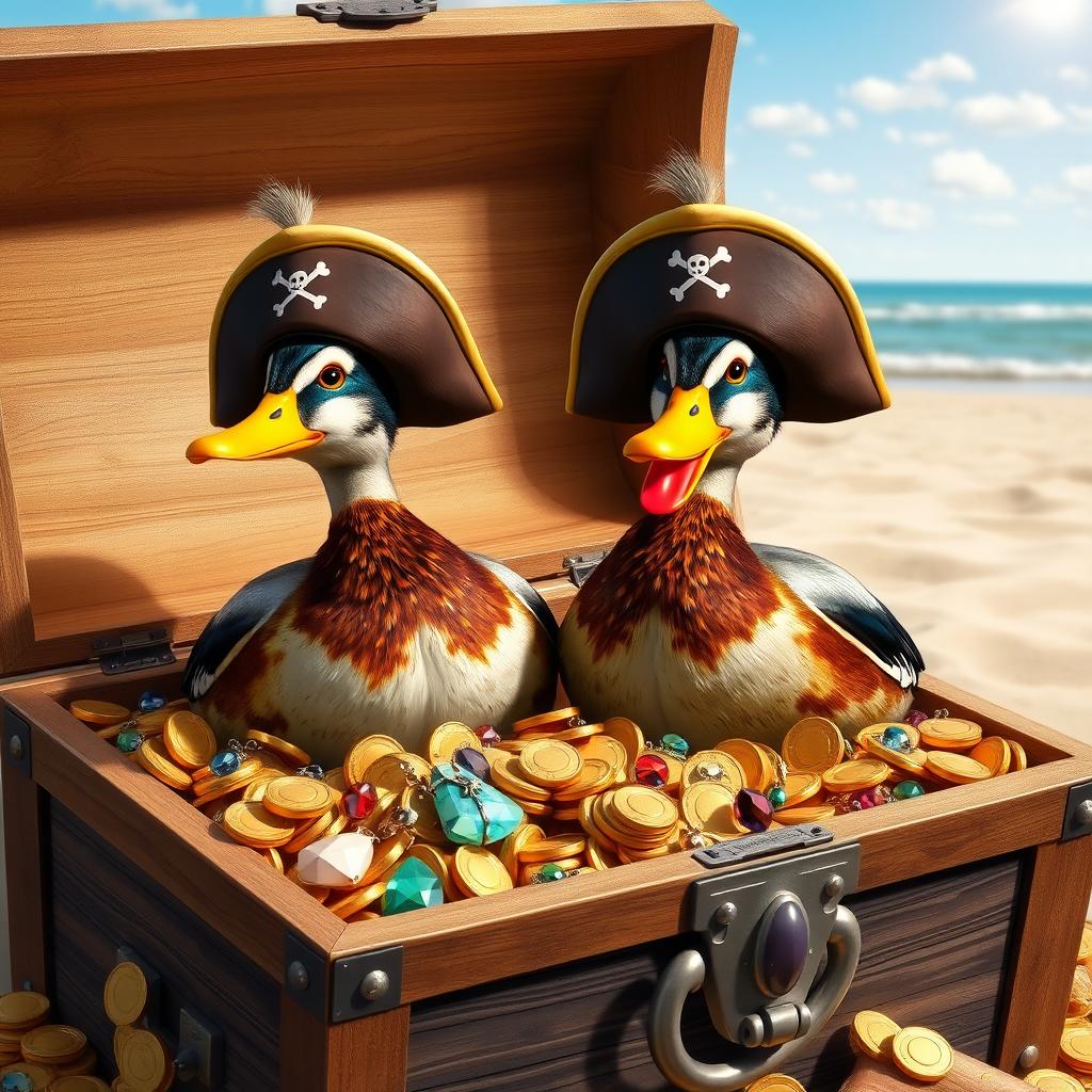 Two realistic Indian running ducks, each wearing playful pirate hats with skull and crossbones, standing proudly in an open treasure chest overflowing with gold coins, glittering jewels, and colorful trinkets