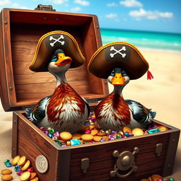 Two realistic Indian running ducks, each wearing playful pirate hats with skull and crossbones, standing proudly in an open treasure chest overflowing with gold coins, glittering jewels, and colorful trinkets