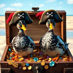 Two realistic Indian running ducks, each wearing playful pirate hats with skull and crossbones, standing proudly in an open treasure chest overflowing with gold coins, glittering jewels, and colorful trinkets