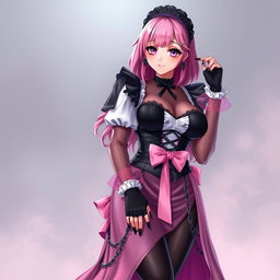 A realistic representation of a sexy gothic anime maid/slave girl, featuring a flustered subtle smile with a delicate blush