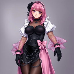 A realistic representation of a sexy gothic anime maid/slave girl, featuring a flustered subtle smile with a delicate blush
