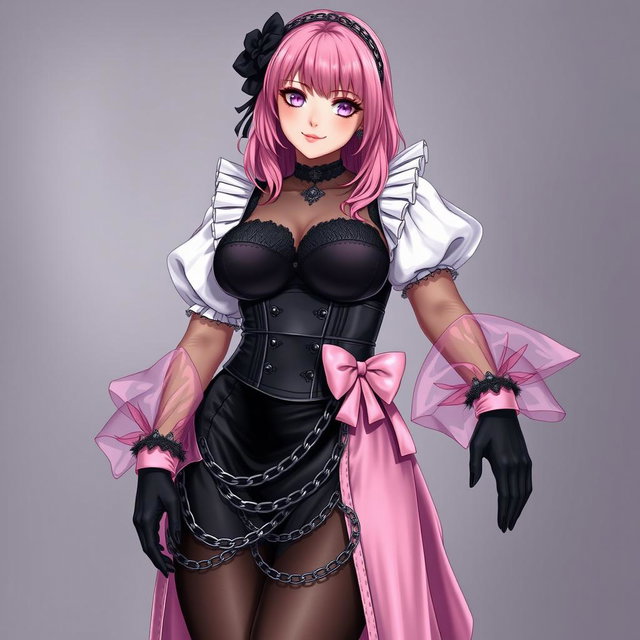 A realistic representation of a sexy gothic anime maid/slave girl, featuring a flustered subtle smile with a delicate blush