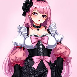 A realistic representation of a sexy gothic anime maid/slave girl, featuring a flustered subtle smile with a delicate blush