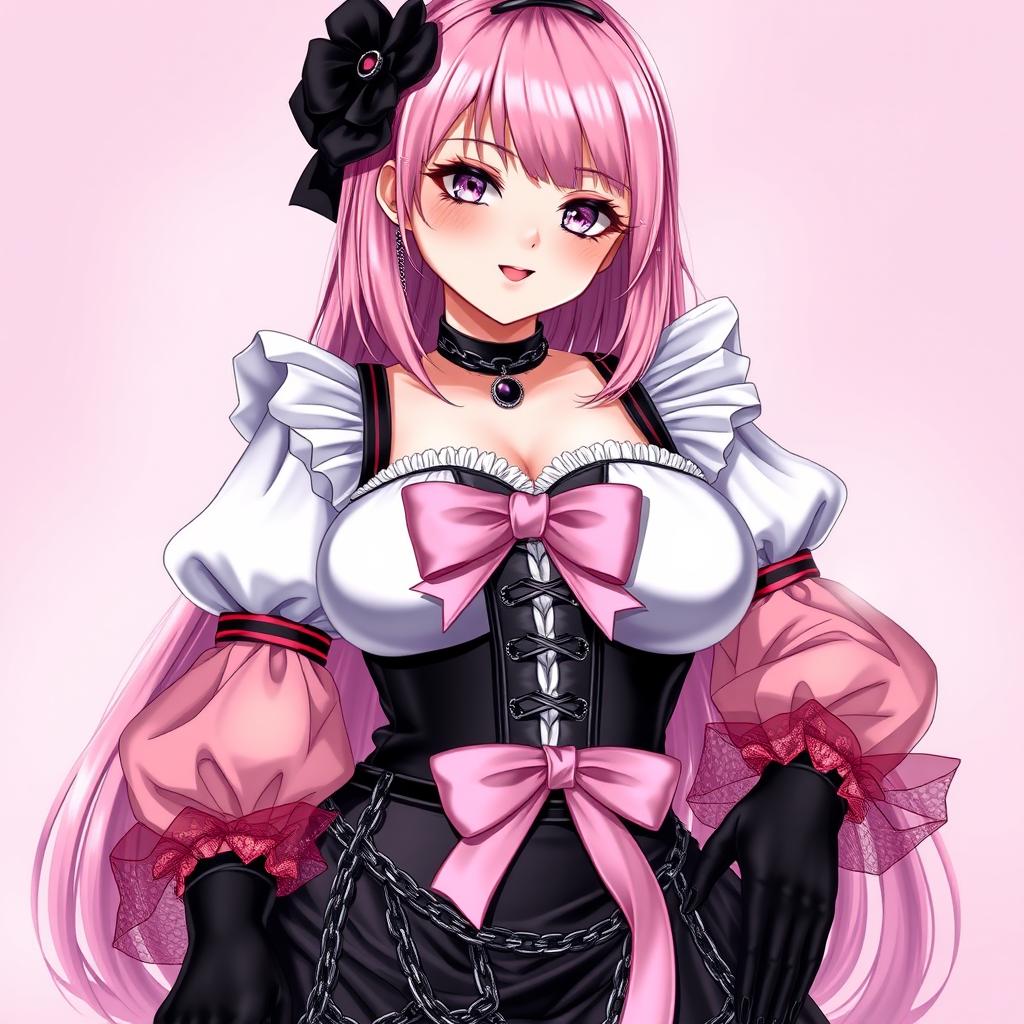 A realistic representation of a sexy gothic anime maid/slave girl, featuring a flustered subtle smile with a delicate blush