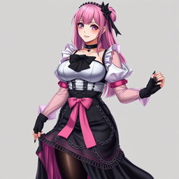 A realistic representation of a sexy gothic anime maid/slave girl, featuring a flustered subtle smile with a delicate blush