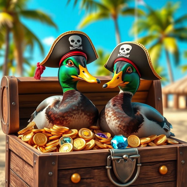 Two realistic Indian running ducks, each adorned with whimsical pirate hats featuring bold colors and skull motifs, perched proudly in an open treasure chest brimming with glittering gold coins and sparkling jewels