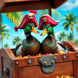 Two realistic Indian running ducks, each adorned with whimsical pirate hats featuring bold colors and skull motifs, perched proudly in an open treasure chest brimming with glittering gold coins and sparkling jewels