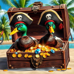 Two realistic Indian running ducks, each adorned with whimsical pirate hats featuring bold colors and skull motifs, perched proudly in an open treasure chest brimming with glittering gold coins and sparkling jewels