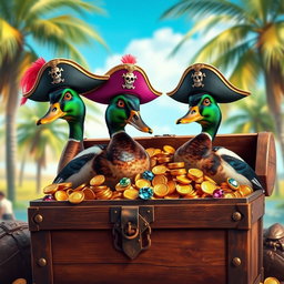 Two realistic Indian running ducks, each adorned with whimsical pirate hats featuring bold colors and skull motifs, perched proudly in an open treasure chest brimming with glittering gold coins and sparkling jewels