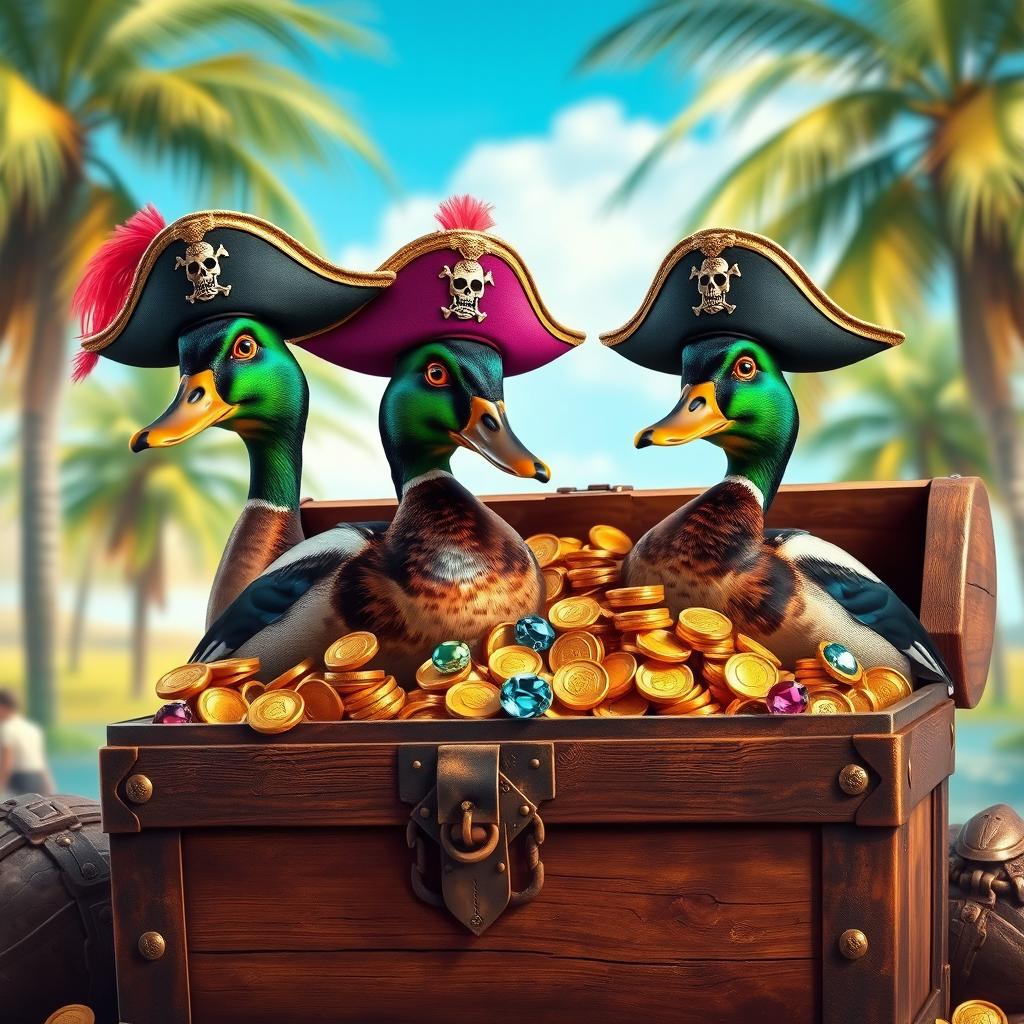 Two realistic Indian running ducks, each adorned with whimsical pirate hats featuring bold colors and skull motifs, perched proudly in an open treasure chest brimming with glittering gold coins and sparkling jewels