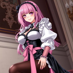 A realistic depiction of a sexy gothic anime maid/slave girl, exuding a flustered charm with a subtle smile and a blush on her cheeks