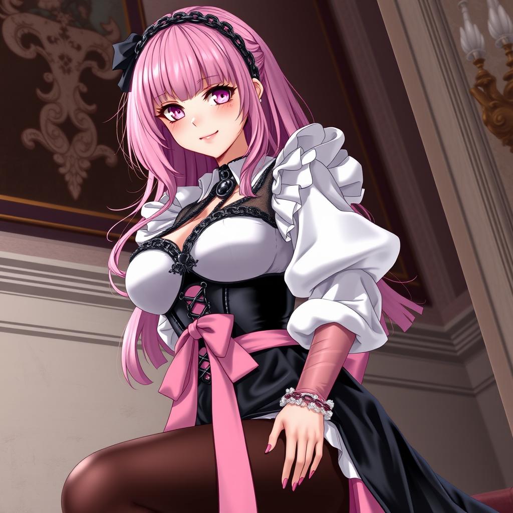 A realistic depiction of a sexy gothic anime maid/slave girl, exuding a flustered charm with a subtle smile and a blush on her cheeks