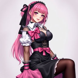 A realistic depiction of a sexy gothic anime maid/slave girl, exuding a flustered charm with a subtle smile and a blush on her cheeks