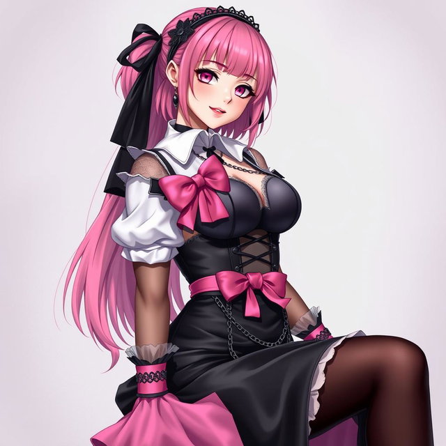 A realistic depiction of a sexy gothic anime maid/slave girl, exuding a flustered charm with a subtle smile and a blush on her cheeks