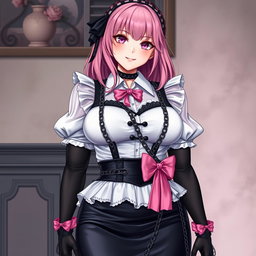 A realistic depiction of a sexy gothic anime maid/slave girl, exuding a flustered charm with a subtle smile and a blush on her cheeks