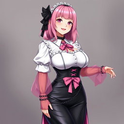 A realistic depiction of a sexy gothic anime maid/slave girl, exuding a flustered charm with a subtle smile and a blush on her cheeks