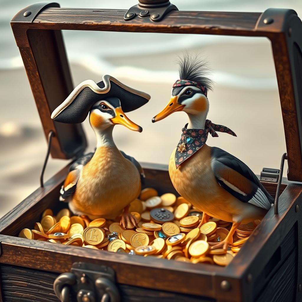 Two realistic Indian runner ducks with distinctive slender bodies and glossy feathers, standing inside an open treasure chest filled with shimmering gold coins and sparkling gemstones