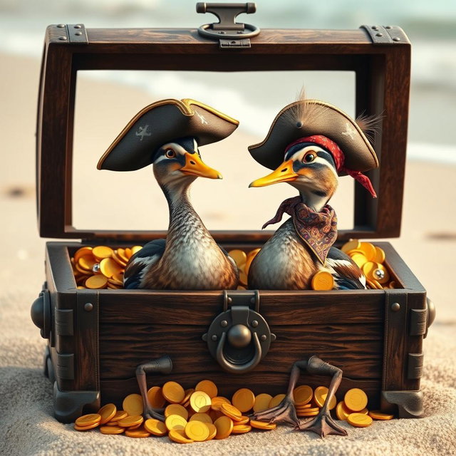 Two realistic Indian runner ducks with distinctive slender bodies and glossy feathers, standing inside an open treasure chest filled with shimmering gold coins and sparkling gemstones