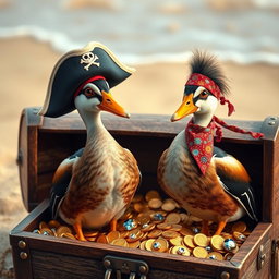 Two realistic Indian runner ducks with distinctive slender bodies and glossy feathers, standing inside an open treasure chest filled with shimmering gold coins and sparkling gemstones